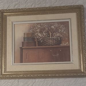 Gold Framed Rustic Basket Art Print in Brown and Cream